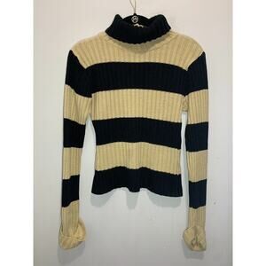 Striped Ribbed Knit Turtleneck Sweater Black & Beige Size Medium